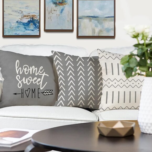 Modern Gray Sofa Pillow Cover Decorative Home Outdoor Linen Fabric Set of 4 - Picture 8 of 8